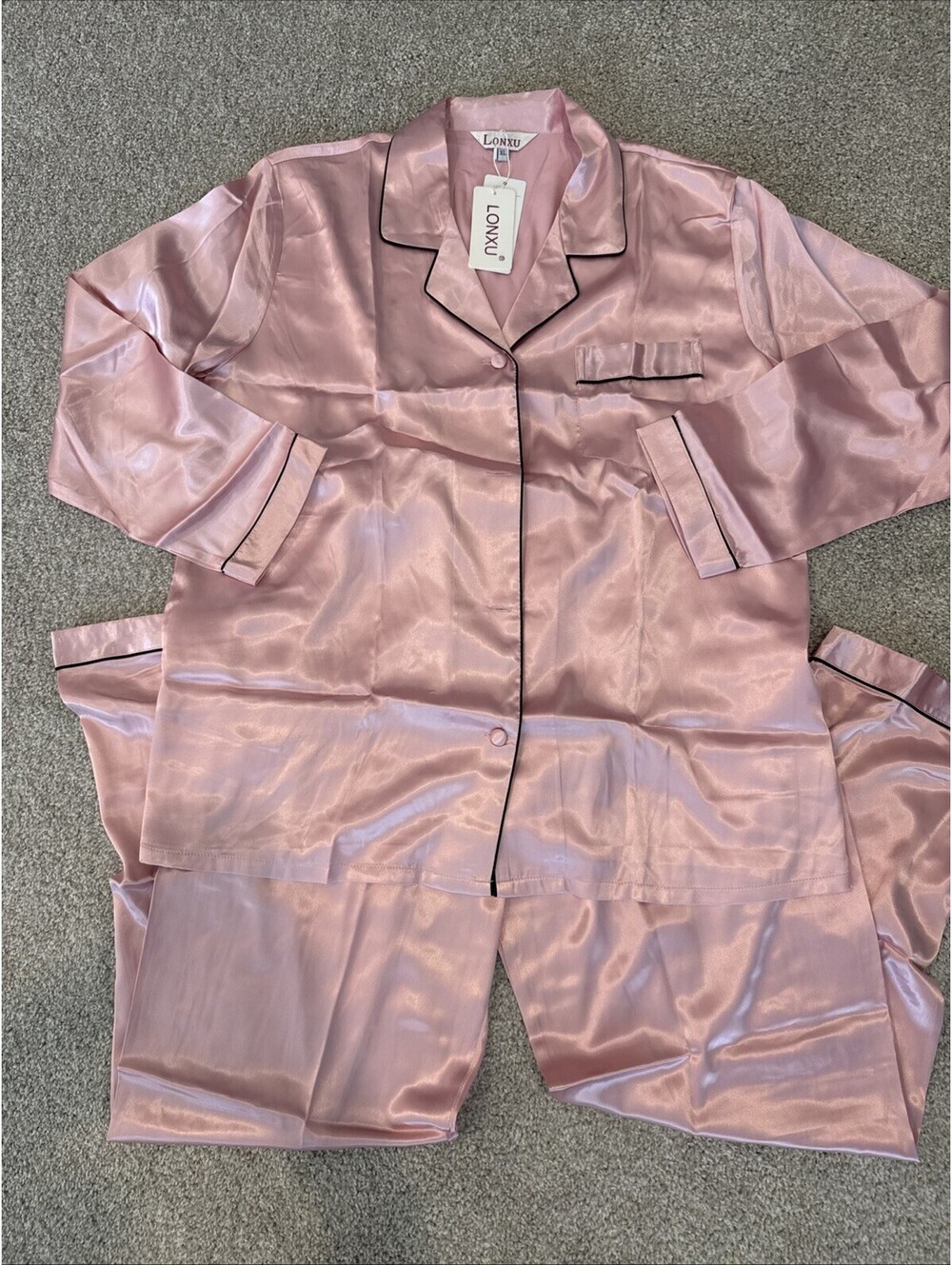 Lonxu Silk Pajamas Long Sleeve Pants Pink